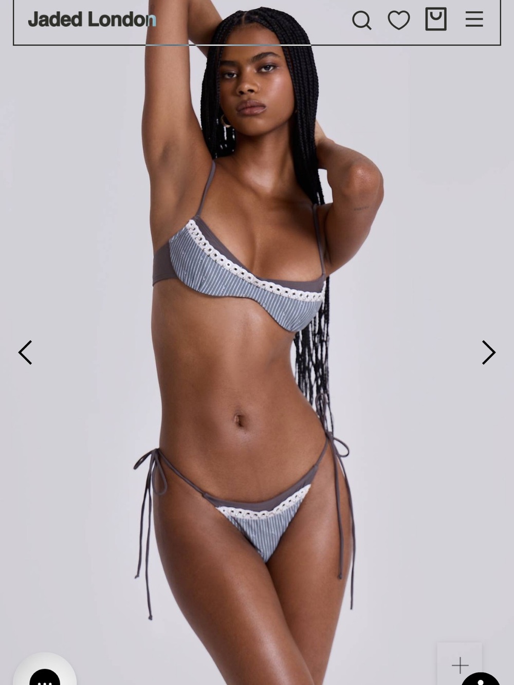 Jaded London Gray Striped Lace-Trim Tie-Side Bikini Bottoms